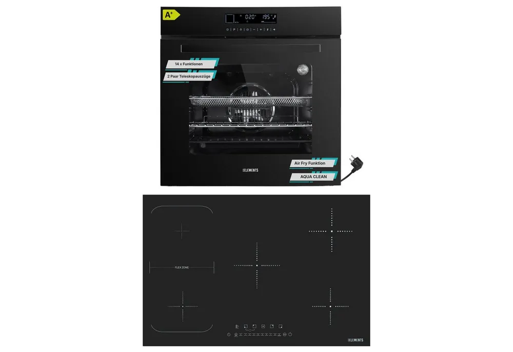 KB Elements Induktions Herd-Set KBE Einbaubackofen 60 cm mit 5-Zonen Induktionskochfeld 77cm, mit 2-fach-Teleskopauszug, Einbaubackofen Full Touch mit 15 Funktionen, Flexzone