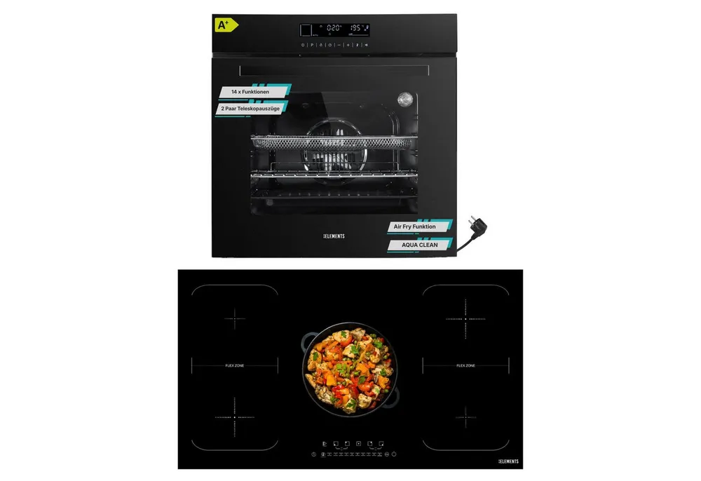 KB Elements Induktions Herd-Set KBE Einbaubackofen 60 cm mit 5-Zonen Induktionskochfeld 90cm, mit 2-fach-Teleskopauszug, Einbaubackofen Full Touch mit 15 Funktionen, doppelte Flexzone