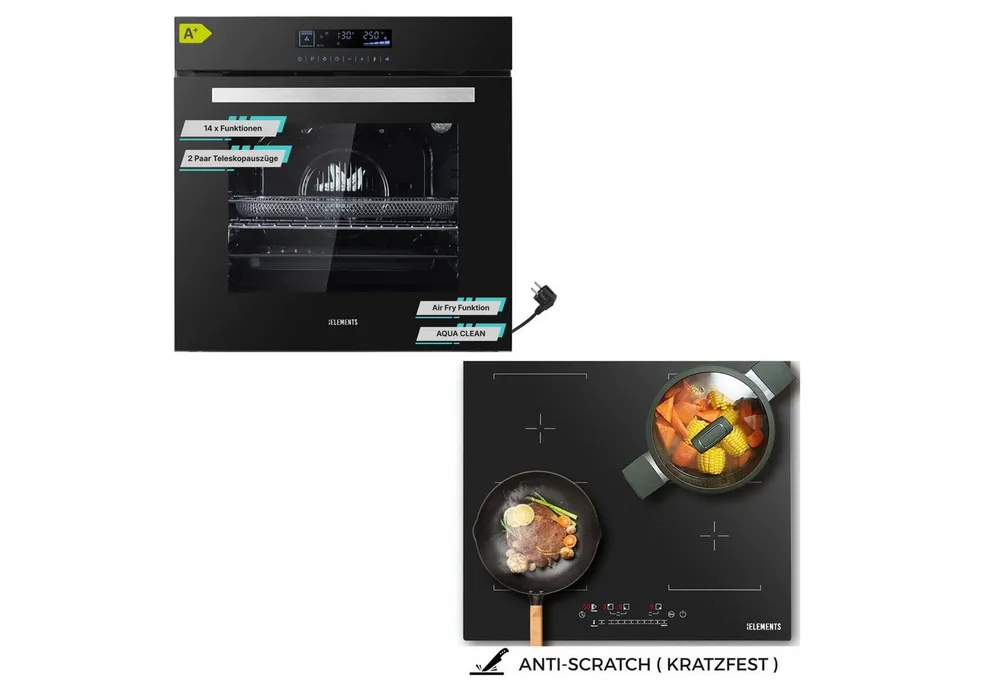 KB Elements Induktions Herd-Set Kratzfestes Induktion 60 cm mit Einbaubackofen 60 cm, mit 2-fach-Teleskopauszug, Einbaubackofen Full Touch, Kratzfestes Induktionskochfeld