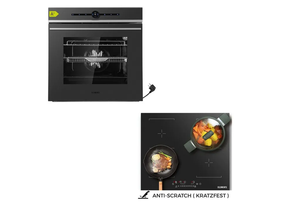 KB Elements Induktions Herd-Set Kratzfestes Induktion 60 cm mit Einbaubackofen 60 cm, mit 2-fach-Teleskopauszug, AQUA CLEAN, Air Fry Funktion, Rotisserie Funktion, 2 Flexzonen