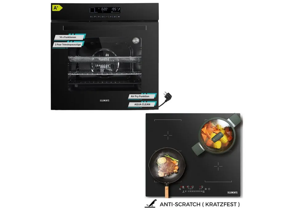 KB Elements Induktions Herd-Set Kratzfestes Induktion 60 cm mit Einbaubackofen 60 cm, mit 2-fach-Teleskopauszug, Einbaubackofen Full Touch, Kratzfestes Induktionskochfeld