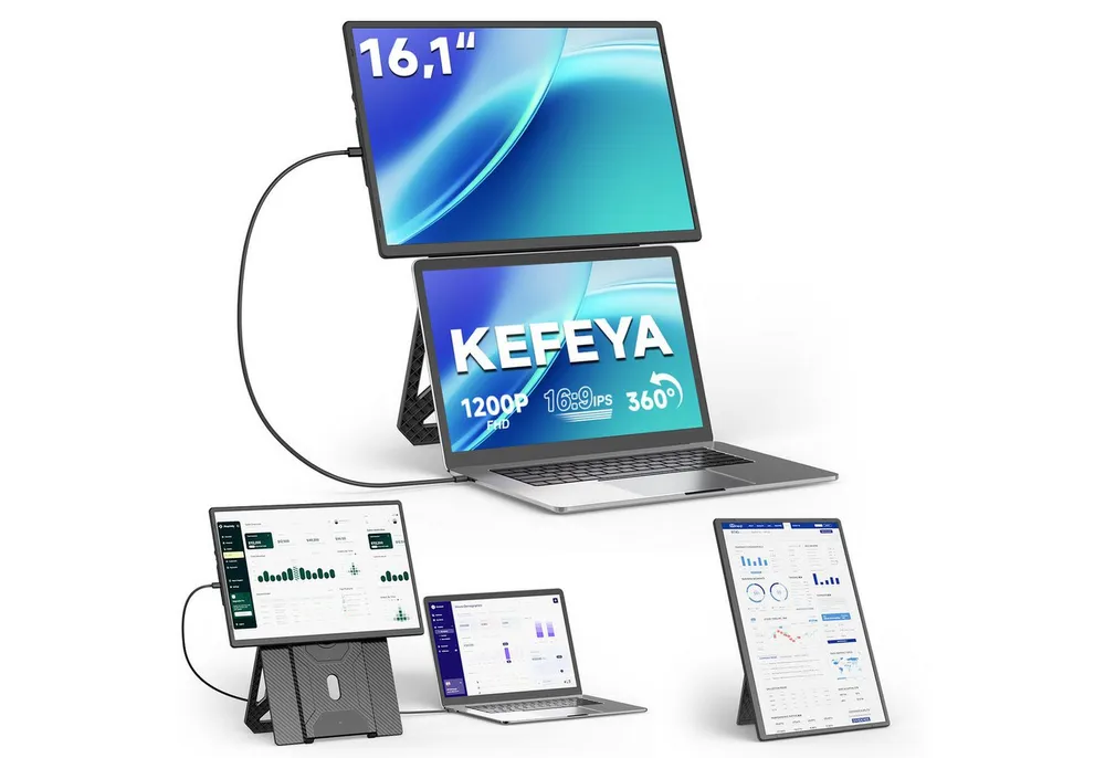 KEFEYA 16" FHD Laptop Bildschirm Erweiterung USB-C Laptop-Bildschirm-Extender Portabler Monitor (36 cm/16 ", 1920 × 1200 px, Full HD, 60 Hz, HDR, usb c Dual Display, Plug-and-Play, 1,27kg, für 13-17,3'' Laptop)