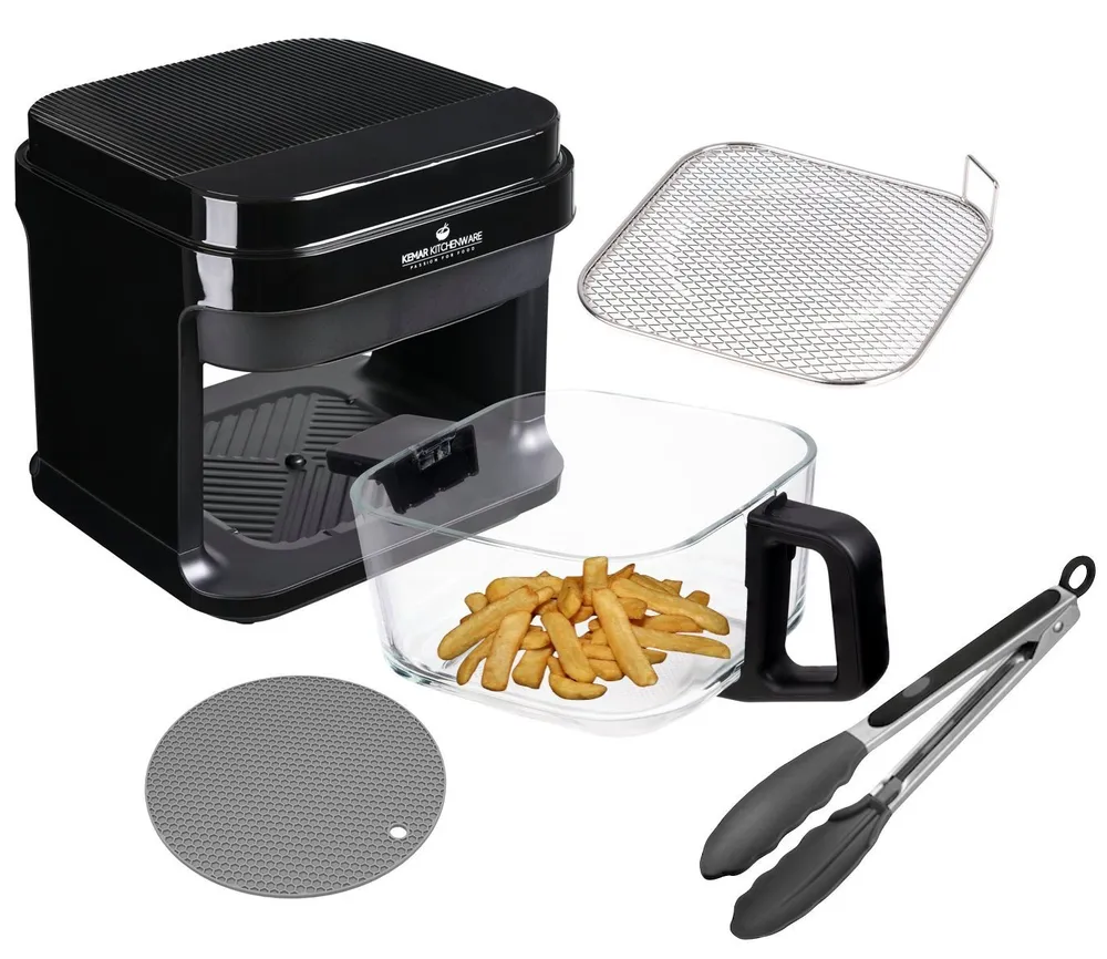 KeMar Kitchenware Heißluftfritteuse, 1200,00 W, Glasbehälter, Edelstahleinsatz, ohne Beschichtung, Zange, Silkonmatte