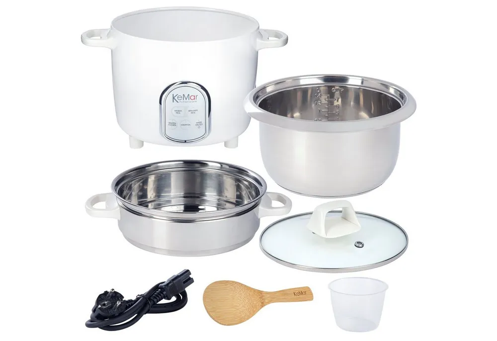 KeMar Kitchenware Reiskocher KRC-175, 500 W, Edelstahltopf, Glasdeckel, inkl. Edelstahl Dämpfeinsatz, 5 Programme