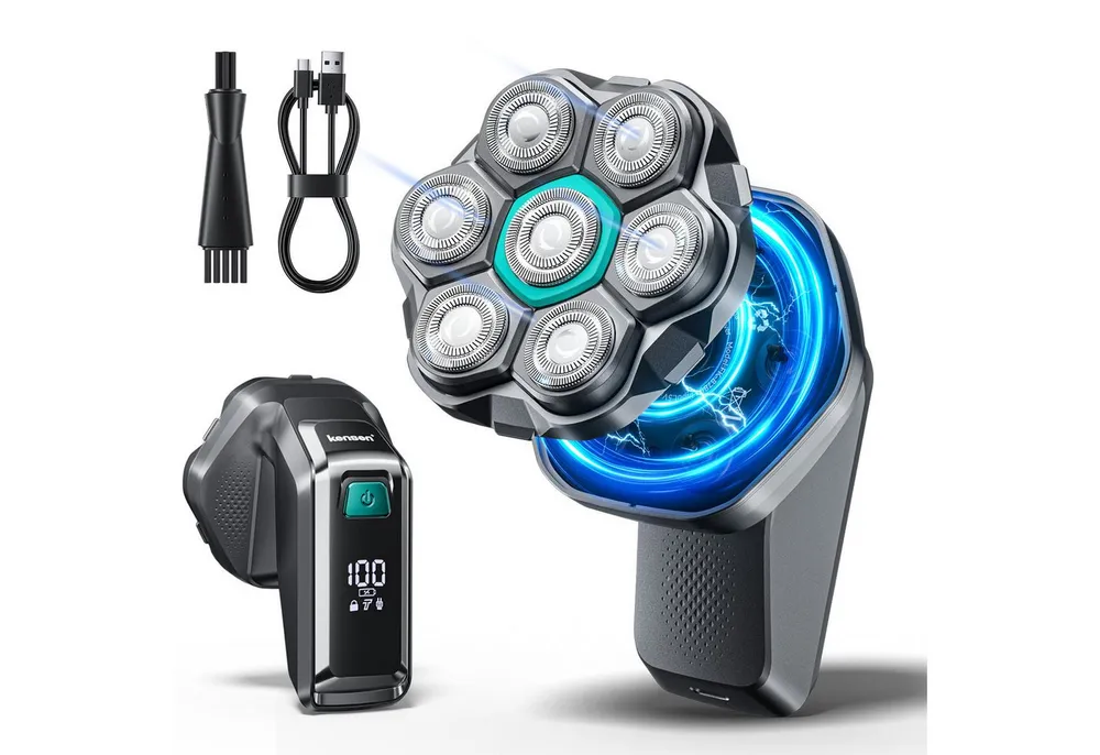 Kensen Haarschneider 7D Glatzenrasierer für Herren, elektrischer Kopfrasierer, IPX6, Magnetischer Scherkopf, 100 Min. Laufzeit, LED-Display, Nass & Trocken