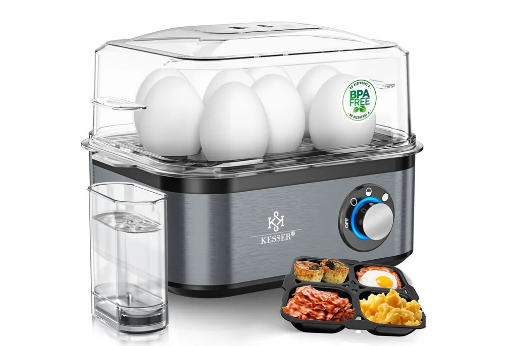 KESSER Eierkocher inkl. Messbecher mit Eipick und Omlettschalen, Bis 8 Eier, 500 W, Warmhaltefunktion, drei Härtegrade