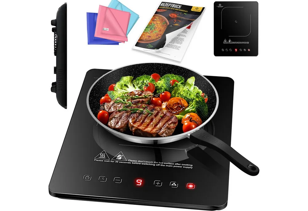 KESSER Einzelkochplatte Induktionskochplatte mit 9 Heizstufen 3x Mikrofasertücher & Rezeptbuch, tragbare Kochplatte 28cm mit Timer, Touch-Steuerung, Booster 220-240V