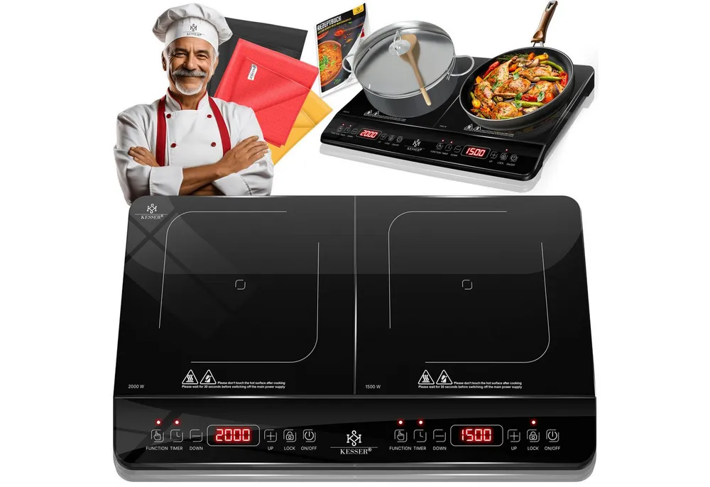 KESSER Einzelkochplatte Induktionskochplatte mit 8 Heizstufen 3x Mikrofasertücher & Rezeptbuch, tragbare Kochplatte 57cm mit Timer, Touch-Steuerung, Booster 220-240V