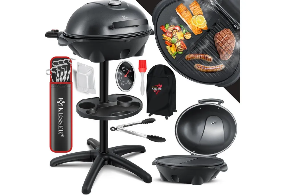 KESSER Elektro-Standgrill, elektrischer Grill Set mit Deckel, Thermometer & Antihaftbeschichtung