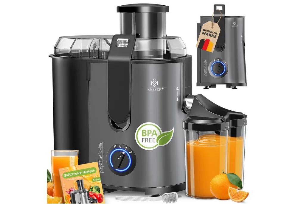 KESSER Entsafter für Obst und Gemüse aus Edelstahl Slow Juicer, 1100 W, elektrische Zentrifugal Saftpresse mit 3-Stufen