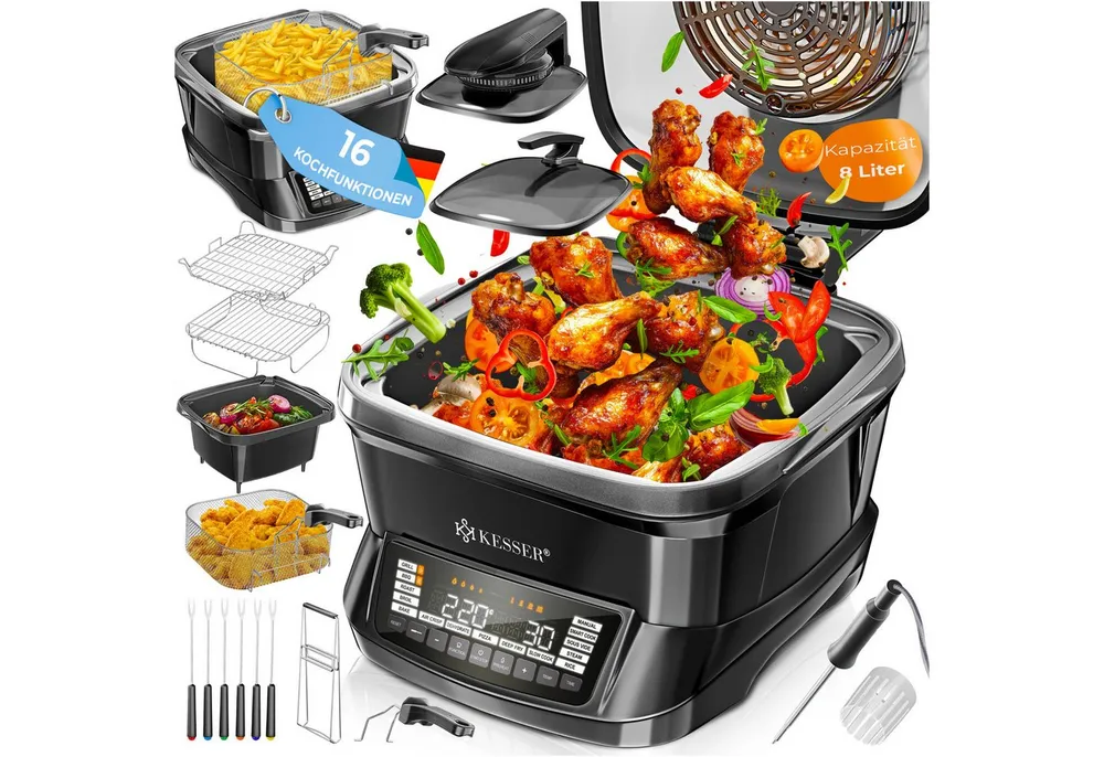 KESSER Multikocher Küchengerät mit 16 Programmen Grillen, Backen, Schmoren, Dampfgaren, 1800 W, All-in-One Slow Cooker, Schnellkochkopf, Heißluftfritteuse, Reiskocher