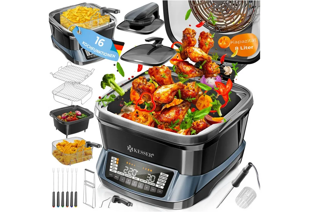 KESSER Multikocher Küchengerät mit 16 Programmen Grillen, Backen, Schmoren, Dampfgaren, 1800 W, All-in-One Slow Cooker, Schnellkochkopf, Heißluftfritteuse, Reiskocher
