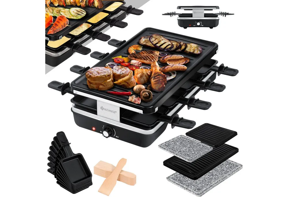 KESSER Raclette, 8 Raclettepfännchen, 1200 W, Raclette-Grill mit Naturgrillstein, Grillplatte Tischgrill