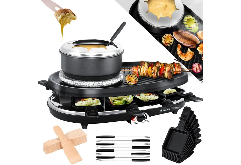 KESSER Raclette, 8 Raclettepfännchen, 1500 W, 3in1 Raclette-Grill mit Naturgrillstein, Grillplatte u. Fondue