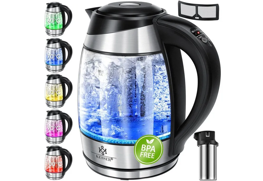 KESSER Wasserkocher, 1.8 l, 2200 W, 1,8L Edelstahl Wasserkocher 2200W Glaswasserkocher