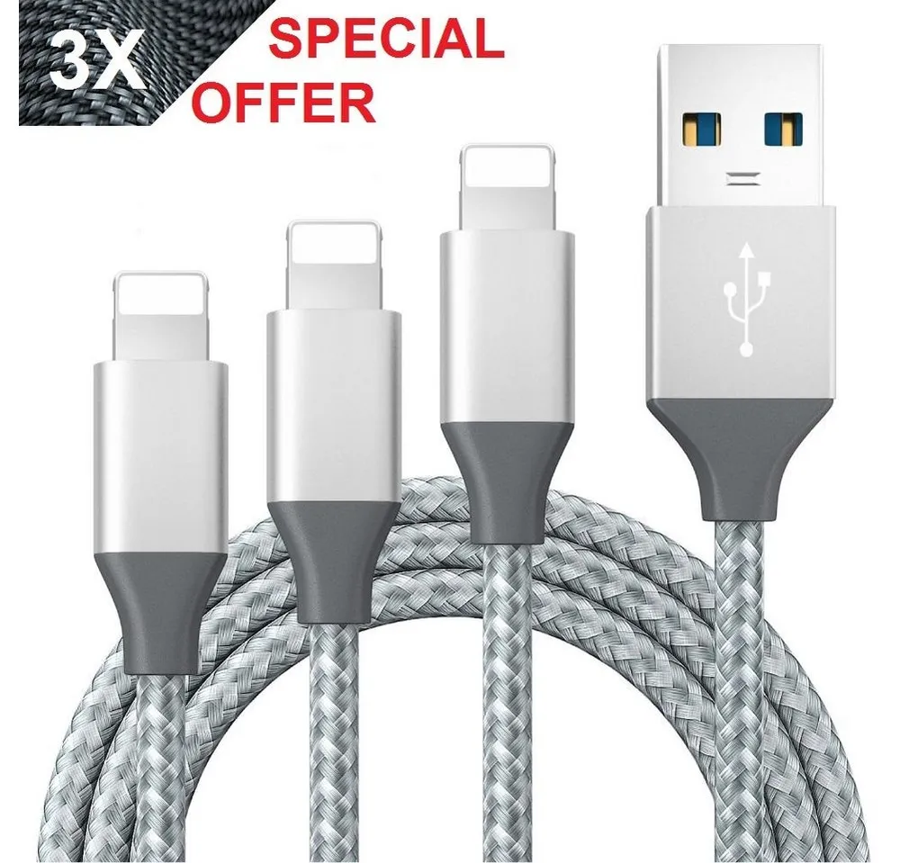 Kevin Frotscher (FroShop) 3x USB Schnell Ladekabel für Apple iPhone 6 7 8 10 11 12 13 14 X XS XR Smartphone-Kabel, Pro Max Plus iPad Ladegerät Datensynchronisationskabel - 2m Silber