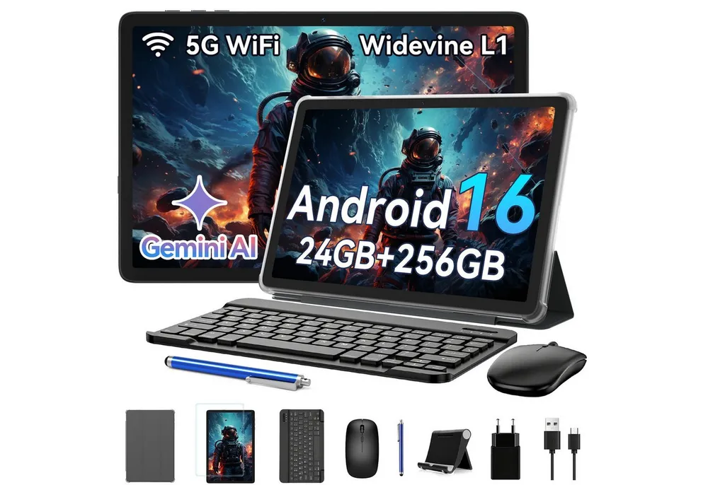 KINGRID 10,1" Android 16 mit Tastatur/Maus/Hülle Tablet (10", 256 GB, Android 16, Gemini Al Magic, mit Stift/Maus/Tastatur)