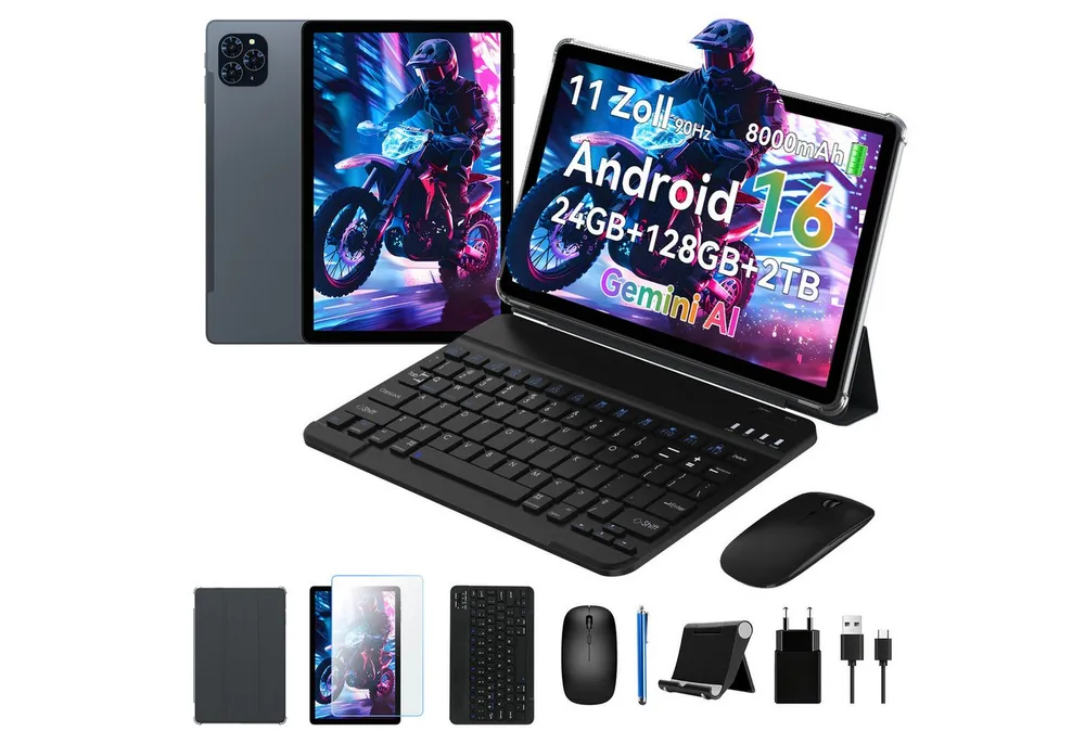 KINGRID 11" Android 16 WiFi mit Tastatur/Hülle/Maus Tablet (11", 128 GB, Android16, Android 16, FHD Display, mit Zubehör, Gemini AI)