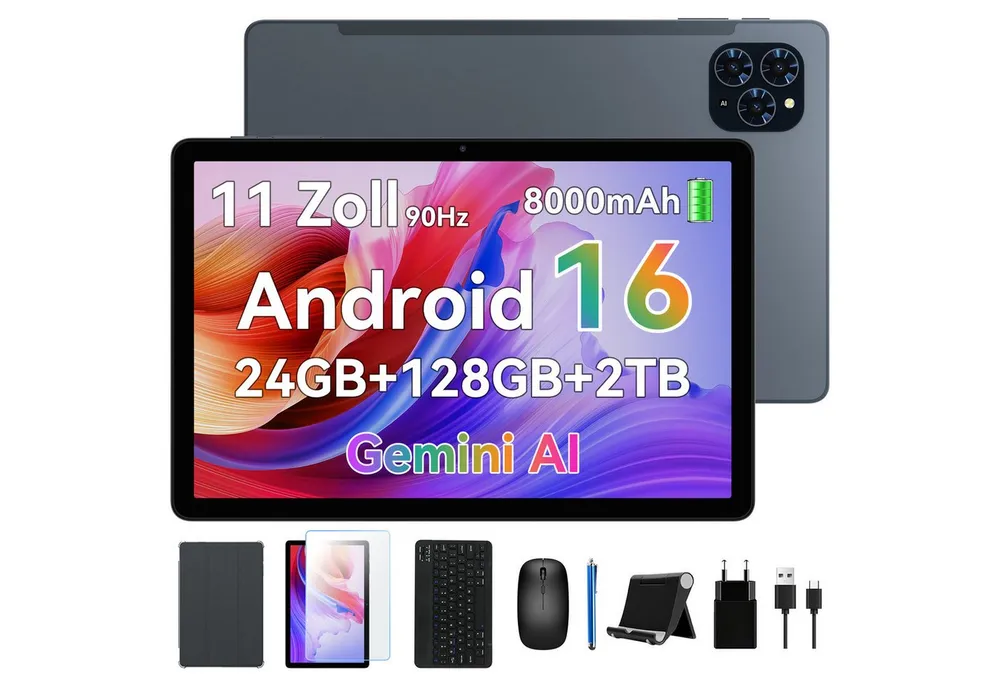KINGRID T90 11" Android 16 WiFi mit Tastatur/Hülle/Maus Tablet (11", 128 GB, Android16, Android 16, FHD Display, mit Zubehör, Gemini AI)