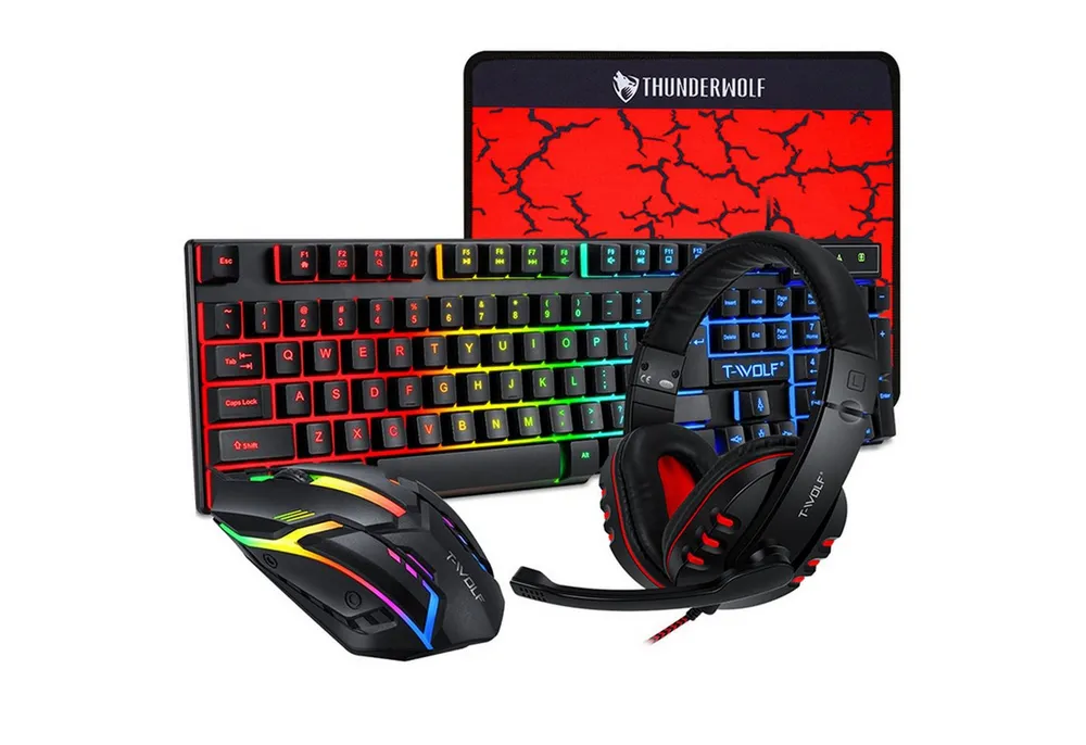 KINSI 4-in-1 Gaming-Set - 104-Tasten Tastatur, Maus, Kopfhörer & Mauspad Tastatur-, Maus- und Mauspad-Set, RGB Beleuchtung,Komplett-Set für PC & Laptop