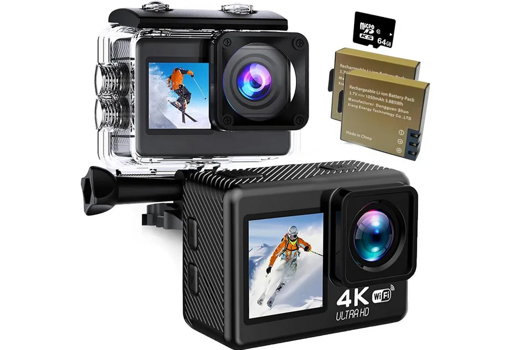 KINSI Action Cam 4K, WLAN Sportkamera 20MP mit EIS Bildstabilisierung Action Cam (170°-Weitwinkel, Duale Farbbildschirme, wasserdicht)