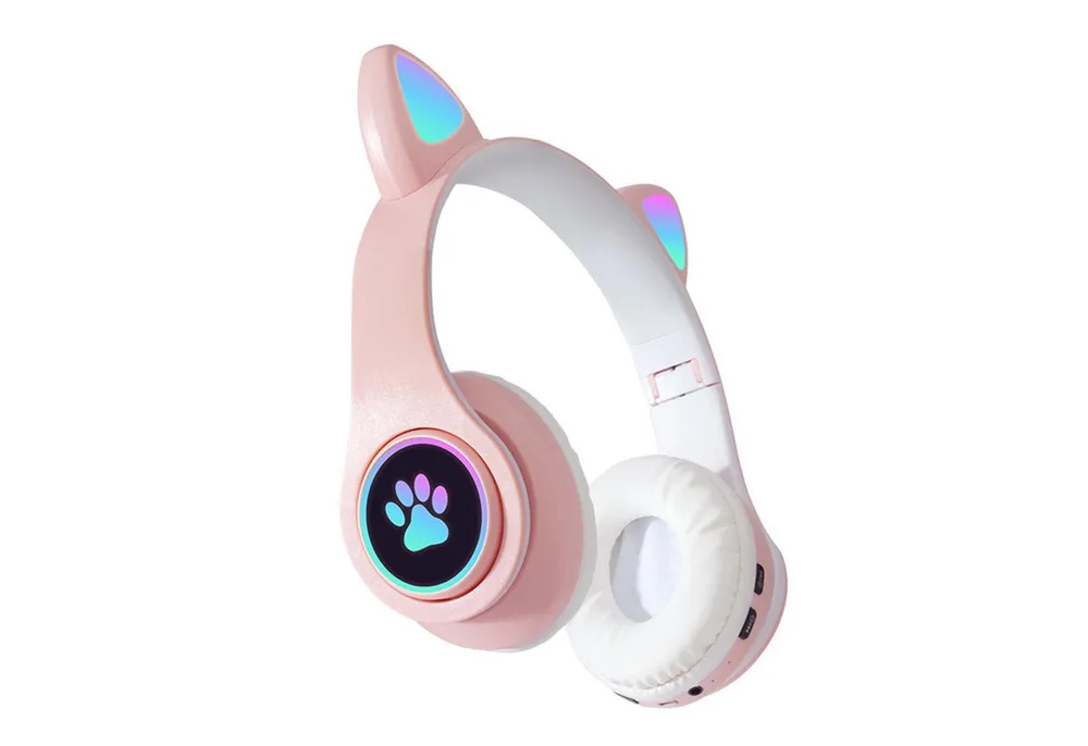 KINSI Bluetooth-Headset, Kopfhörer mit Katzenohren, RGB-LED-Leuchten Kinder-Kopfhörer (AVRCP-Bluetooth, HSP, A2DF Bluetooth, HSF 1.5, Katzenohr-Headset für Mädchen, kompatibel mit Tablet/Computer/Telefon)