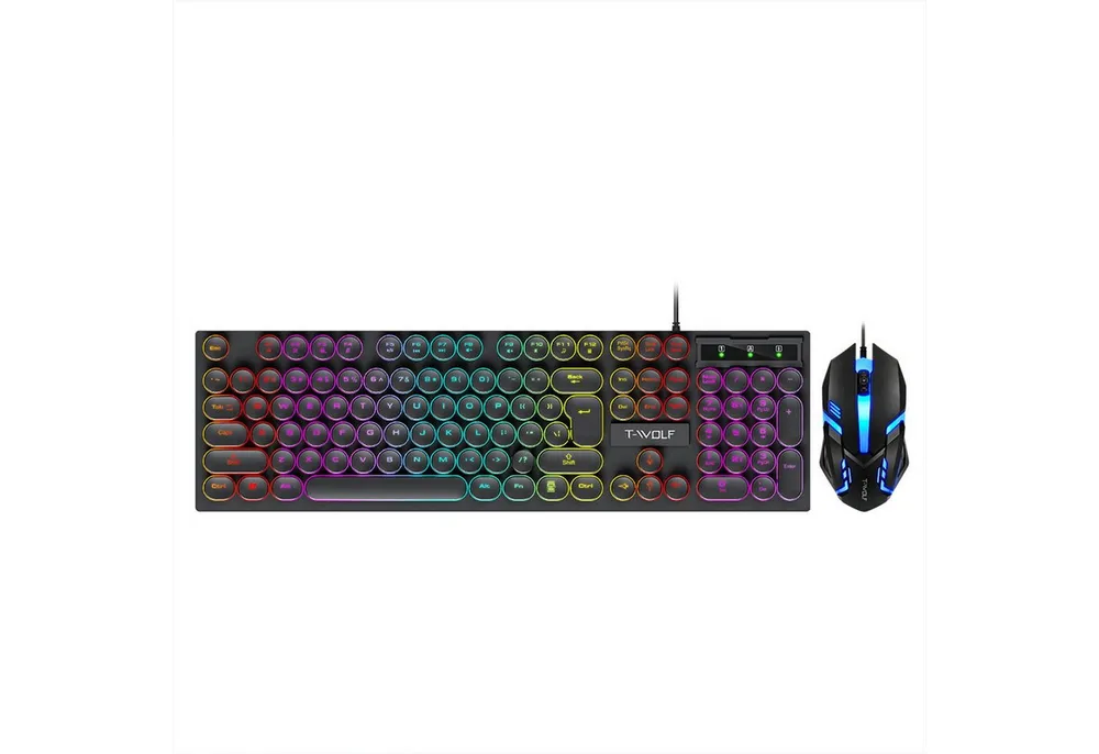 KINSI Gaming Tastatur Maus Set - Leuchtende Retro Punk Tastatur Tastatur- und Maus-Set, mit runden Tasten, USB-Kabelverbindung, Anti-Ghosting