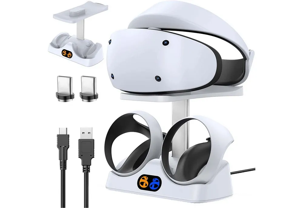 KINSI PS VR2 Ladestation, Ladestation für PS VR2 Controller Ladestation (500 mA, mit Headset Ständer, mit LED Licht, Typ C Kabel)