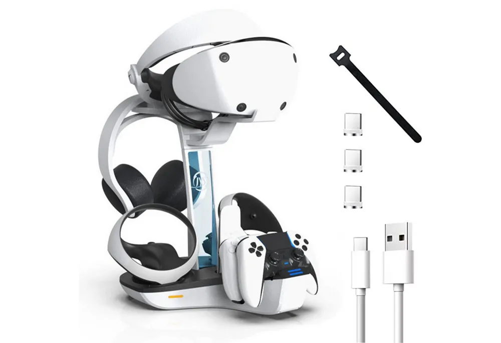 KINSI PS VR2 Ladestation mit Magnet Laden,Lade-Dock für Controller&Headset Controller-Ladestation (Kompatibel mit PlayStation 5,Stauraum Regal)