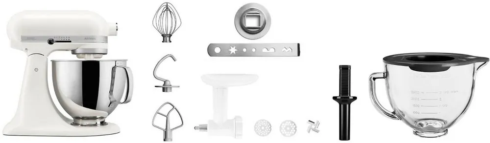 KitchenAid Küchenmaschine 5KSM125EPL+5KSM5GB+5KSMFGCA, 300 W, 4,8 l Schüssel, Set aus Küchenmaschine mit Glasschüssel und Fleischwolf
