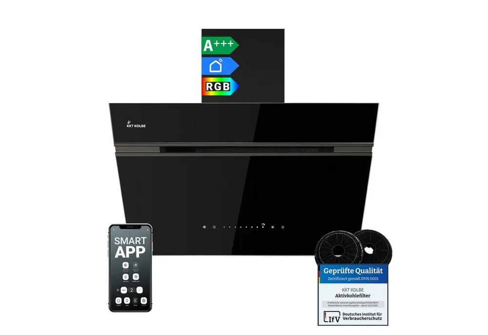 KKT KOLBE Wandhaube Dunstabzugshaube 60cm AURORA6005FB RGBW Ambientebeleuchtung Dunstabzugshaube 60cm AURORA6005FB RGBW Ambientebeleuchtung, Kopffreihaube / Umluft / Abluft / Smarte WiFi-App / Schwarz / Glas