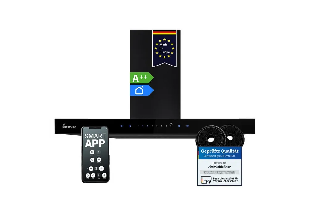 KKT KOLBE Wandhaube Dunstabzugshaube 60cm FLAT6006S Dunstabzugshaube 60cm FLAT6006S, Abzugshaube / Edelstahl / Schwarz / Glas / WIFI / 9 Stufen / LED