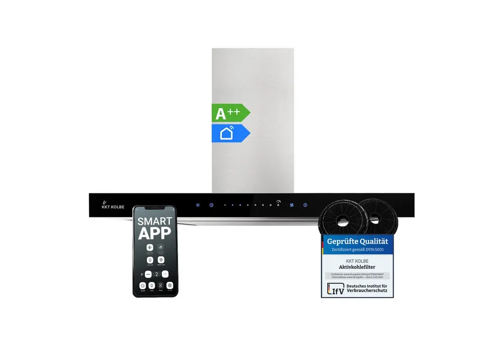 KKT KOLBE Wandhaube Dunstabzugshaube 60cm FLAT6006ED Dunstabzugshaube 60cm FLAT6006ED, Abzugshaube / Edelstahl / Schwarz / Glas / WIFI / 9 Stufen / LED