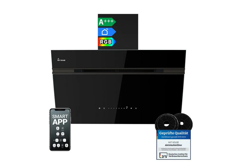 KKT KOLBE Wandhaube Dunstabzugshaube 80cm AURORA8005FB RGBW Ambientebeleuchtung Dunstabzugshaube 80cm AURORA8005FB RGBW Ambientebeleuchtung, Kopffreihaube / Umluft / Abluft / Smarte WiFi-App / Schwarz / Glas