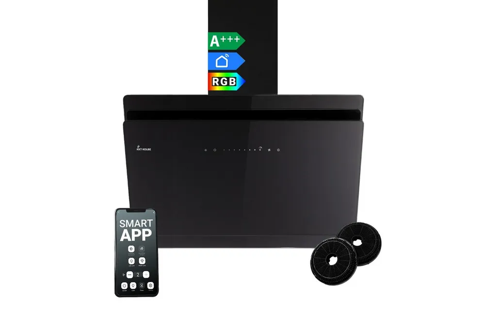 KKT KOLBE Wandhaube Dunstabzugshaube 80cm SOLO8005SM RGBW Ambientebeleuchtung Dunstabzugshaube 80cm SOLO8005SM RGBW Ambientebeleuchtung, Kopffrei / 80cm / Smarte WiFi-App / Schwarz / Glas / Schräghaube