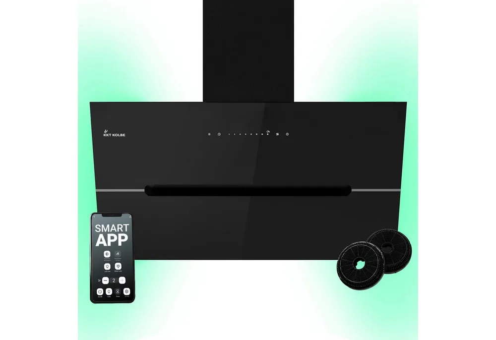 KKT KOLBE Wandhaube Dunstabzugshaube 90cm ECCO9005SM RGBW Ambientebeleuchtung Dunstabzugshaube 90cm ECCO9005SM RGBW Ambientebeleuchtung, Kopffrei / 90cm / Smarte WiFi-App / Schwarz / Glas / Schräghaube