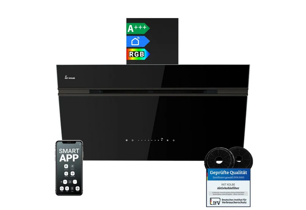 KKT KOLBE Wandhaube Dunstabzugshaube 90cm AURORA9005FB RGBW Ambientebeleuchtung Dunstabzugshaube 90cm AURORA9005FB RGBW Ambientebeleuchtung, Kopffreihaube / Umluft / Abluft / Smarte WiFi-App / Schwarz / Glas