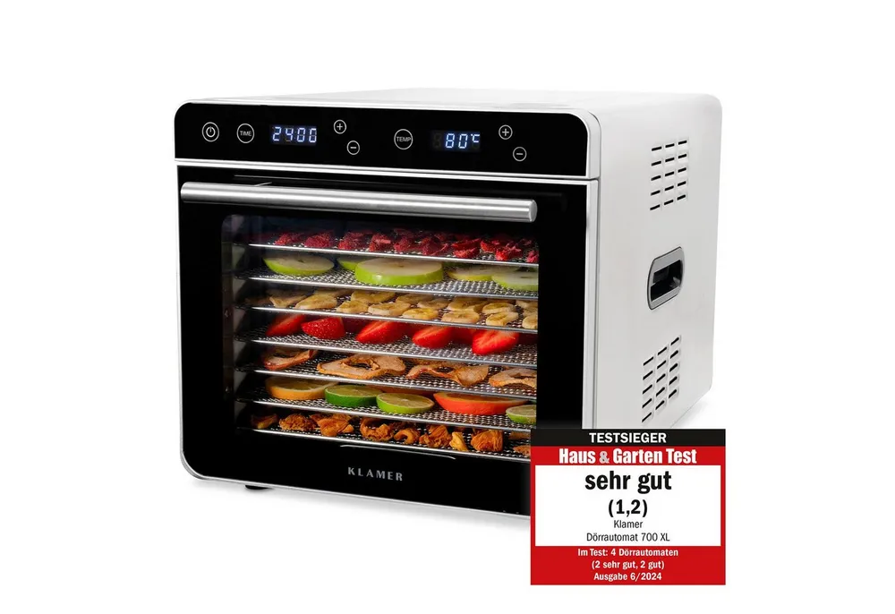KLAMER Dörrautomat XL 700W Edelstahl, 8 Etagen, 24h Timer, 35–80°C, Dörrgerät 700 W, 8 Etagen, optimale Trocknung, 35-80°C, Timer, Gitter & Deckel BPA-frei