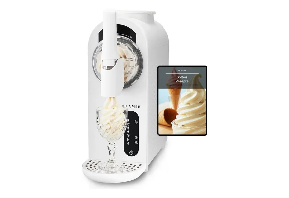 KLAMER Eismaschine 1,5L, 7 Programme (Softeis, Slush, Frapp), Eismaschine & Slush Masch…, 1,5 l, 210 W, Kompressor-Technologie, 7 Programme, Automatische Reinigung
