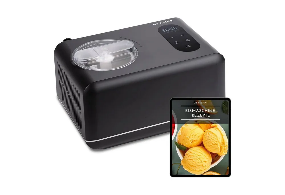 KLAMER Eismaschine mit Kompressor 1,5L 150W, 3-in-1 Slush Maschine & Joghurtbereiter, Ed…, 1,5 l, 150 W, Raffiniertes Rührsystem, Kühl- & Heizfunktion, digitales Rezeptbuch