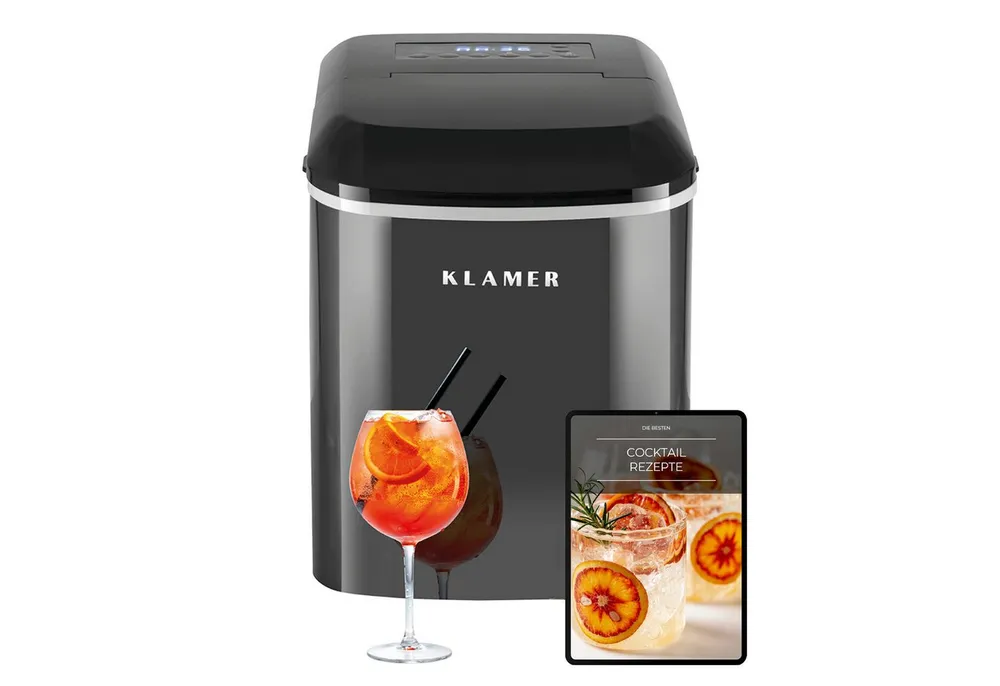 KLAMER Eiswürfelmaschine 15kg/24h, 10 Eiswürfel in 7–9 Min, 2,1L Wassertank, 120W Ice Maker, 2…, 120W, 2,1L Wassertank, Signallampe, Auto-Reinigung, mit Eisschaufel