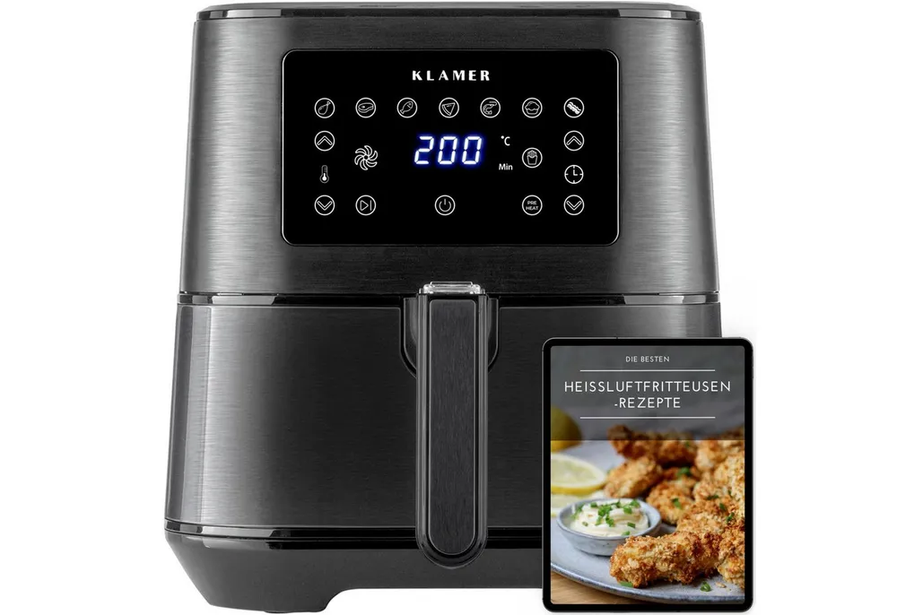 KLAMER Heißluftfritteuse XL 5,5l, Multifunktionale Heissluftfritteuse, ölfreie Fritteuse, 1700W Airfryer, 1700 W, LED Display, Antihaftkorb, Voreingestellte Kochprogramme, Cool-Touch