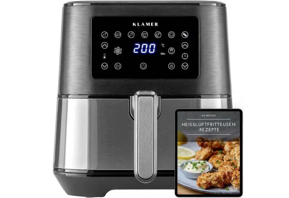 KLAMER Heißluftfritteuse XL 5,5l, Multifunktionale Heissluftfritteuse, ölfreie Fritteuse, 1700W Airfryer, 1700 W, LED Display, Antihaftkorb, Voreingestellte Kochprogramme, Cool-Touch