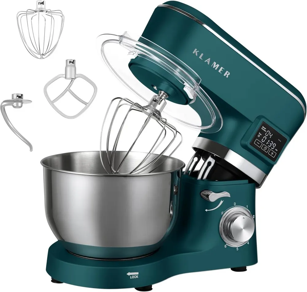 KLAMER Küchenmaschine 1400W, Knetmaschine mit 5,5 Liter Edelstahl Schüssel, 6 Geschwindigkeitsstufen mit Timer, Rührbesen, Knethaken, Schneebesen und Spritzschutz, grün, 1400 W, 5,5 l Schüssel, Spritzschutz, 3 Aufsätze, Saugfüße, digitales Display, Timer