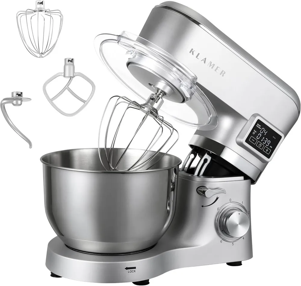 KLAMER Küchenmaschine 1400W, Knetmaschine mit 5,5 Liter Edelstahl Schüssel, 6 Geschwindigkeitsstufen mit Timer, Rührbesen, Knethaken, Schneebesen und Spritzschutz, silber, 1400 W, 5,5 l Schüssel, Spritzschutz, 3 Aufsätze, Saugfüße, digitales Display, Timer
