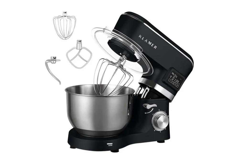 KLAMER Küchenmaschine 1400W, Knetmaschine mit 5,5 Liter Edelstahl Schüssel, 6 Geschwindigkeitsstufen mit Timer, Rührbesen, Knethaken, Schneebesen und Spritzschutz, schwarz, 1400 W, 5,5 l Schüssel, Spritzschutz, 3 Aufsätze, Saugfüße, digitales Display, Timer