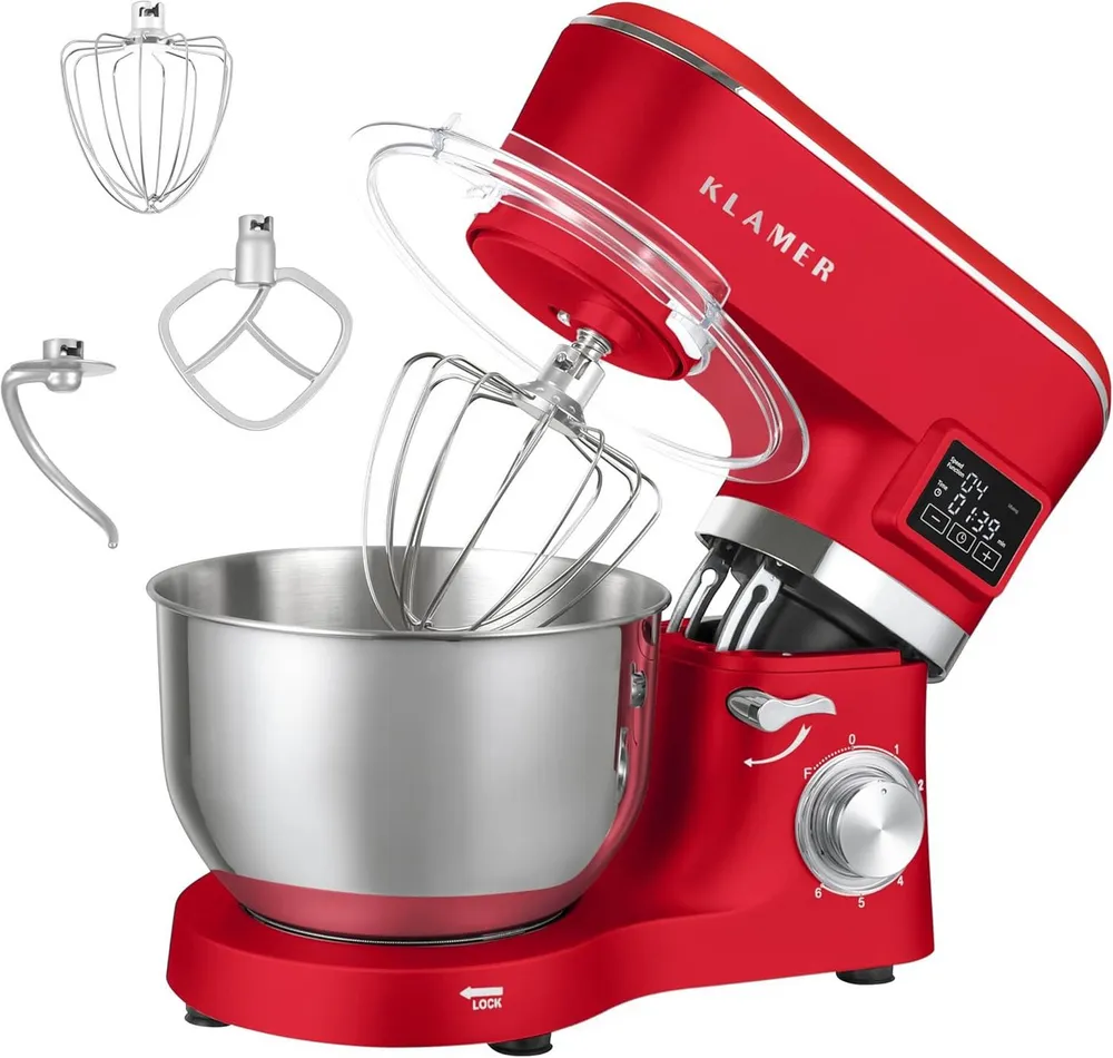 KLAMER Küchenmaschine 1400W, Knetmaschine mit 5,5 Liter Edelstahl Schüssel, 6 Geschwindigkeitsstufen mit Timer, Rührbesen, Knethaken, Schneebesen und Spritzschutz, rot, 1400 W, 5,5 l Schüssel, Spritzschutz, 3 Aufsätze, Saugfüße, digitales Display, Timer