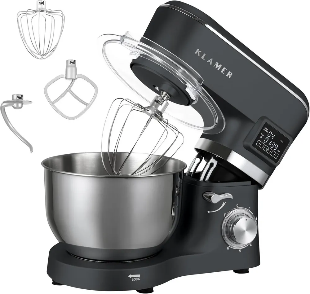 KLAMER Küchenmaschine 1400W, Knetmaschine mit 5,5 Liter Edelstahl Schüssel, 6 Geschwindigkeitsstufen mit Timer, Rührbesen, Knethaken, Schneebesen und Spritzschutz, grau, 1400 W, 5,5 l Schüssel, Spritzschutz, 3 Aufsätze, Saugfüße, digitales Display, Timer