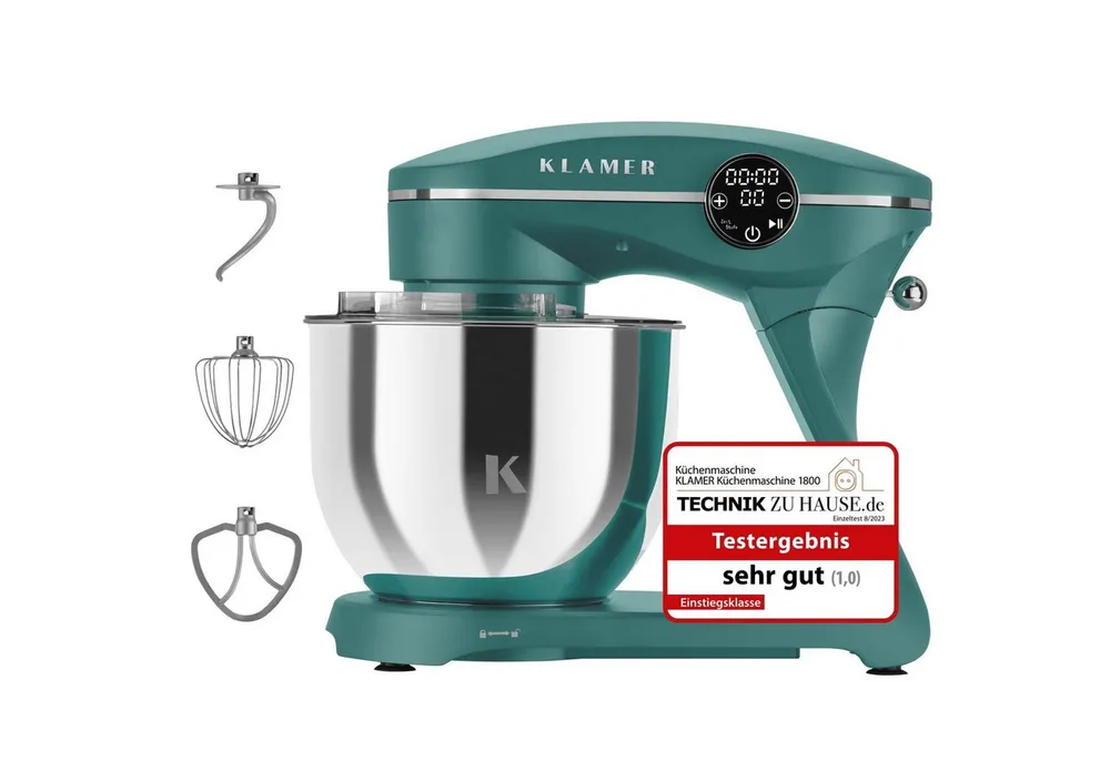 KLAMER Küchenmaschine 1800W, 6L Edelstahl-Schüssel, Knetmaschine mit 10 Geschwindigkeiten & Timer, grün, 1800 W, 6 l Schüssel, Spritzschutz, 3 Werkzeuge, Saugfüße, digitales Display, Timer