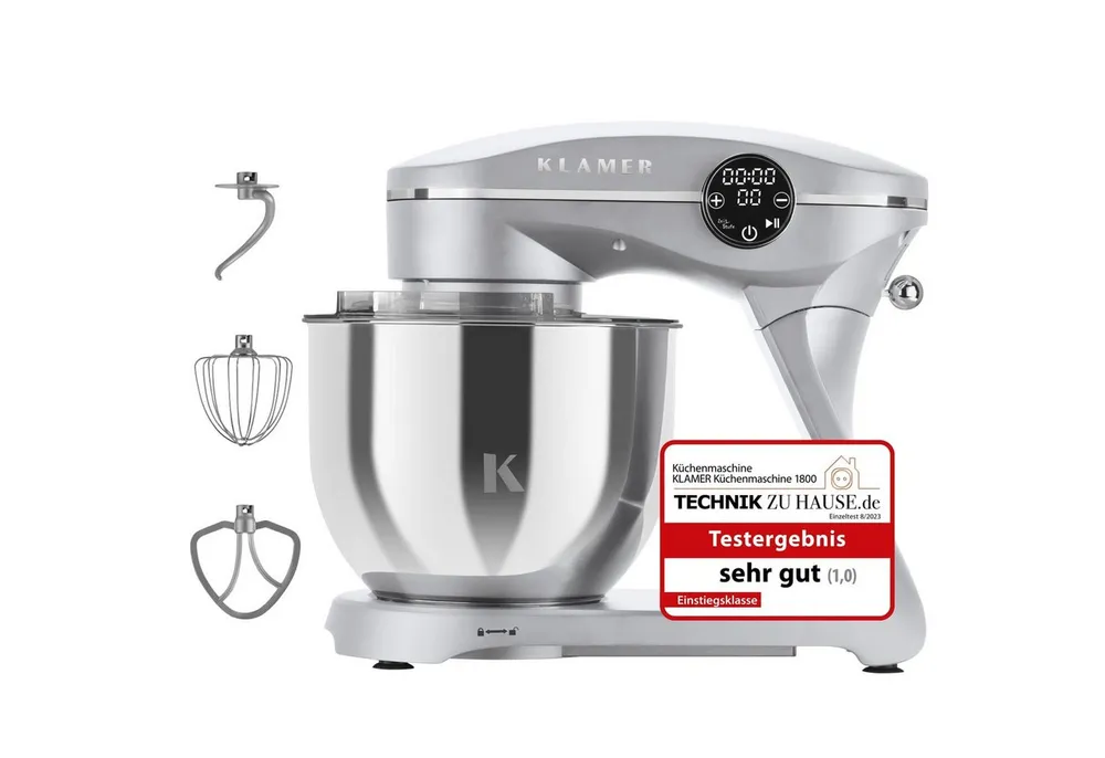KLAMER Küchenmaschine 1800W, 6L Edelstahl-Schüssel, Knetmaschine mit 10 Geschwindigkeiten & Timer, silber, 1800 W, 6 l Schüssel, Spritzschutz, 3 Werkzeuge, Saugfüße, digitales Display, Timer